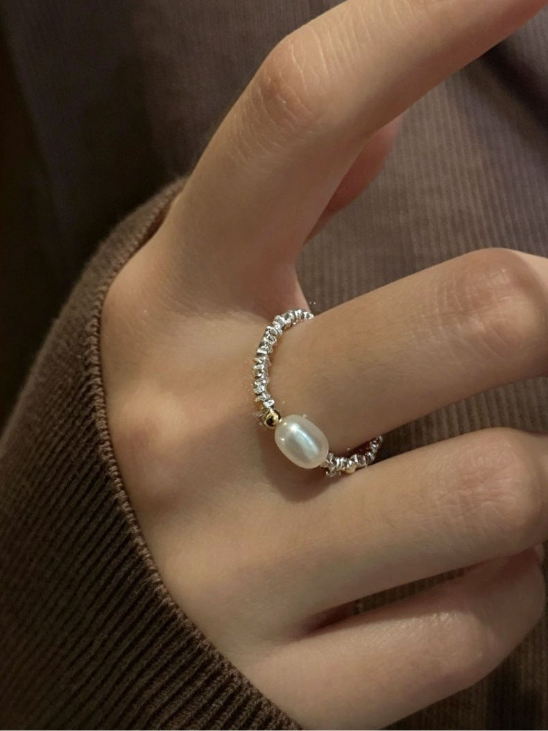 Color Block Simple Style Women’s Ring In 925 Sterling Silver With Freshwater Pearl, Electroplated Two Tone Finish