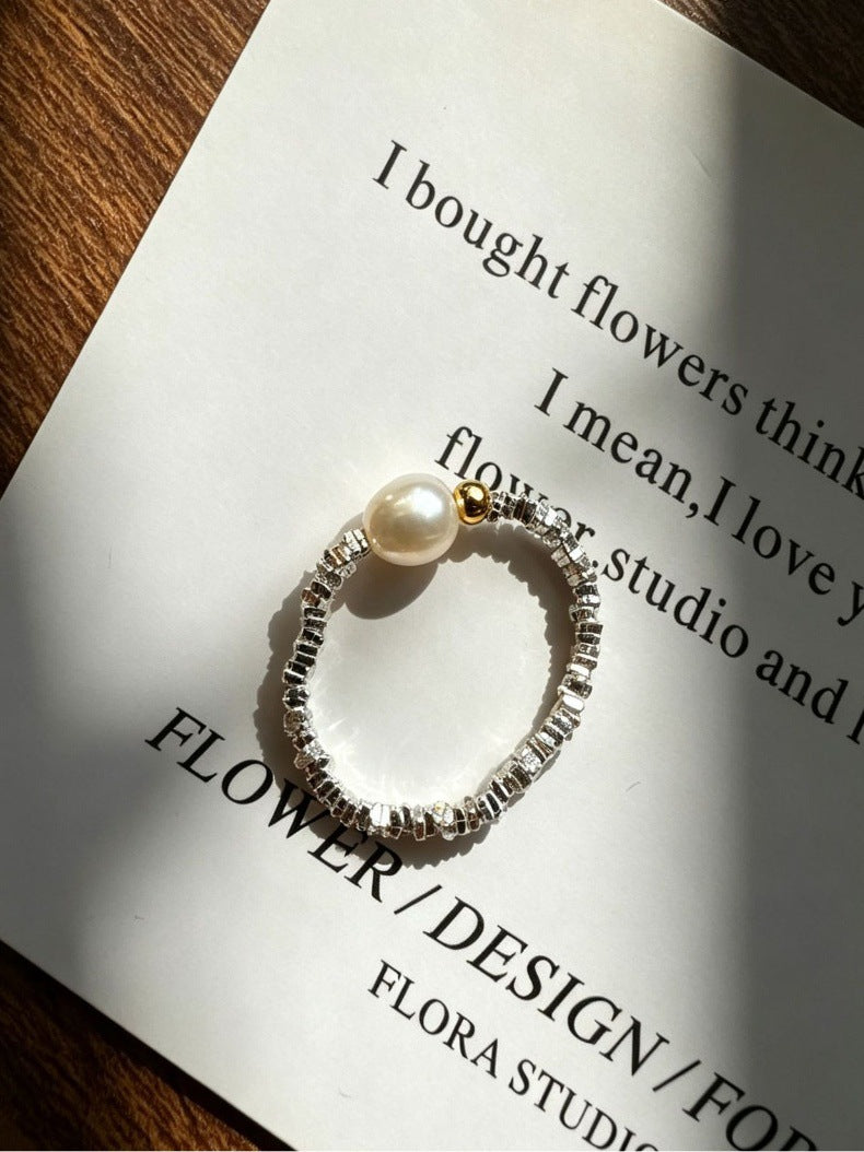 Color Block Simple Style Women’s Ring In 925 Sterling Silver With Freshwater Pearl, Electroplated Two Tone Finish