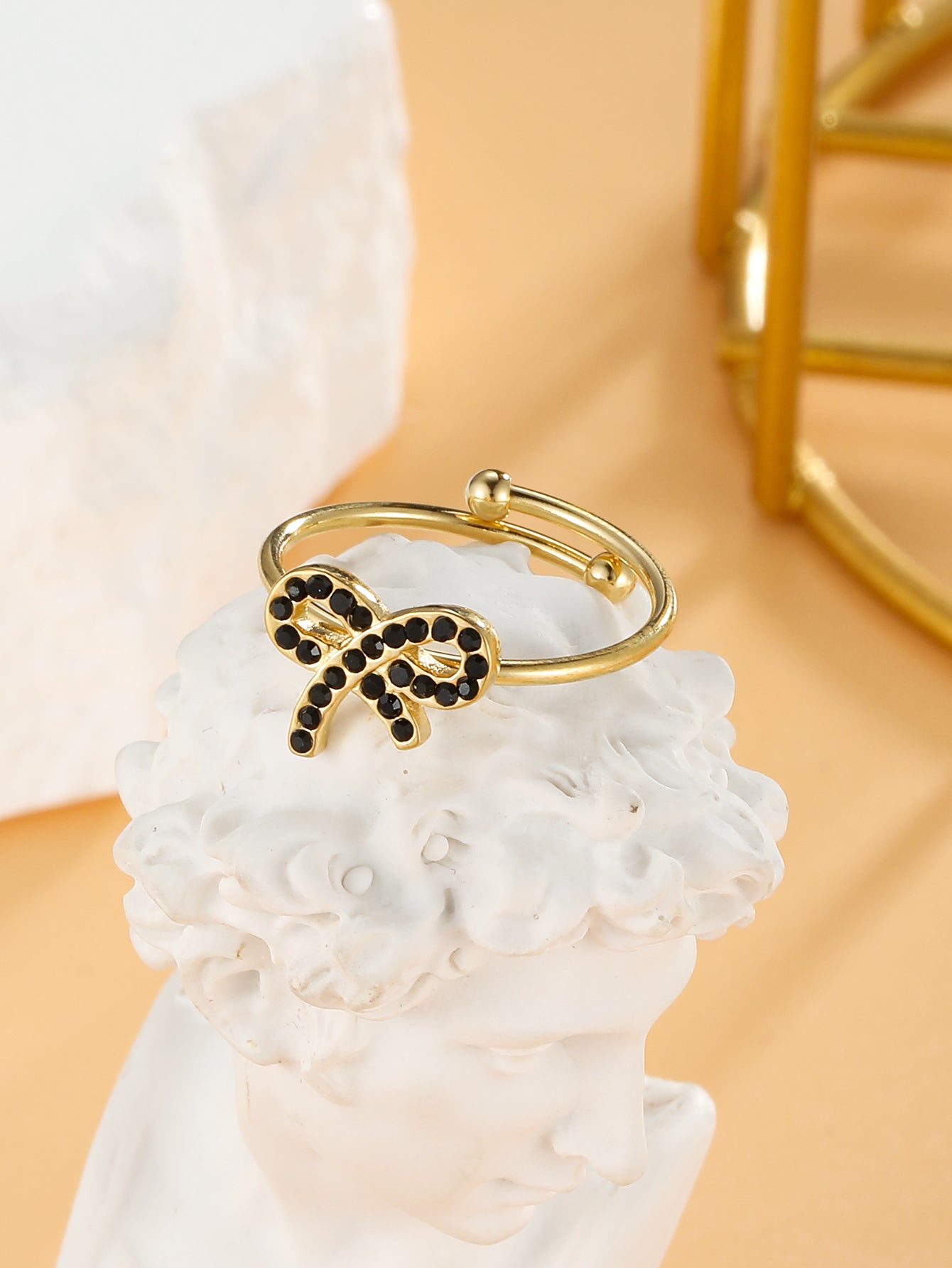 Asymmetrical Bow Tie Open Rings In 304 Stainless Steel With 14K Real Gold Plated And Zircon Inlay, PVD Coated