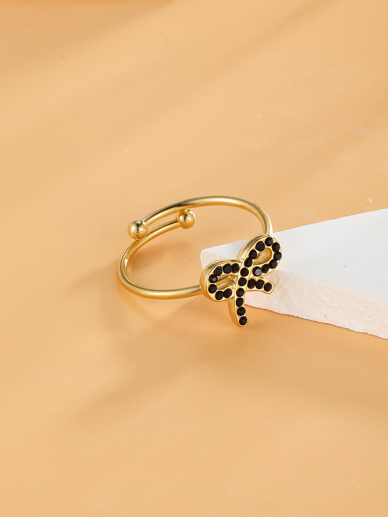 Asymmetrical Bow Tie Open Rings In 304 Stainless Steel With 14K Real Gold Plated And Zircon Inlay, PVD Coated