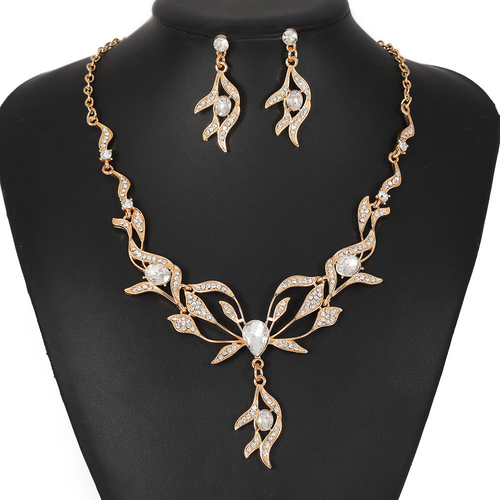 Women’s Jewelry Set Featuring Plant Pattern With Electroplated Alloy And Rhinestones, Cable Chain Included