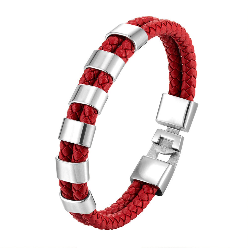 Double Ring Simple Style Wristband In Red Featuring PU Leather And Leather Rope, Unisex Bracelet