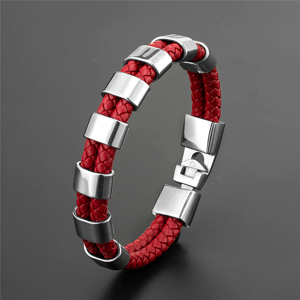 Double Ring Simple Style Wristband In Red Featuring PU Leather And Leather Rope, Unisex Bracelet