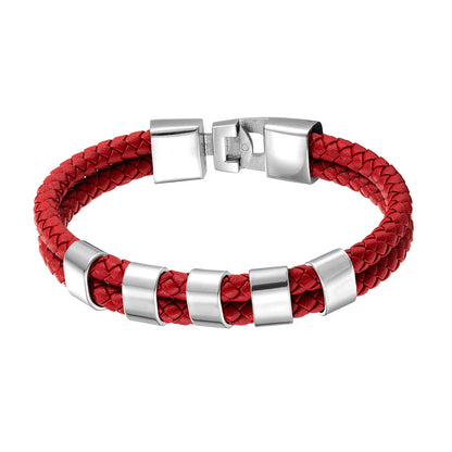 Double Ring Simple Style Wristband In Red Featuring PU Leather And Leather Rope, Unisex Bracelet