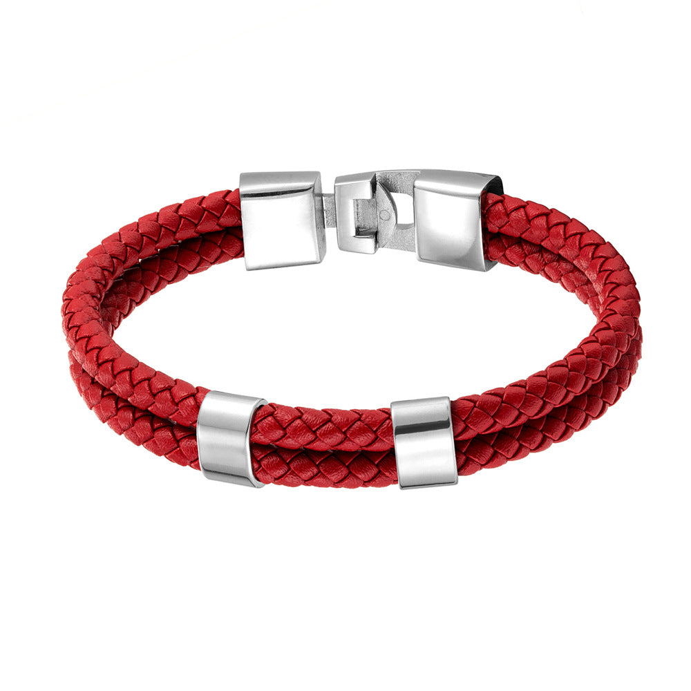 Double Ring Simple Style Wristband In Red Featuring PU Leather And Leather Rope, Unisex Bracelet