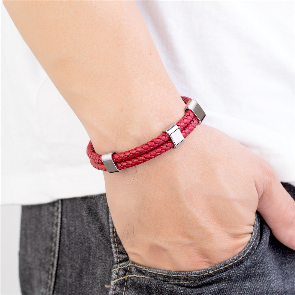 Double Ring Simple Style Wristband In Red Featuring PU Leather And Leather Rope, Unisex Bracelet