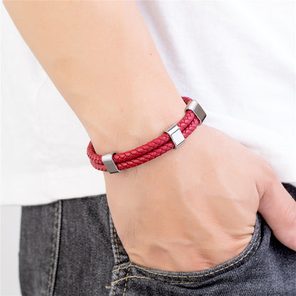Double Ring Simple Style Wristband In Red Featuring PU Leather And Leather Rope, Unisex Bracelet