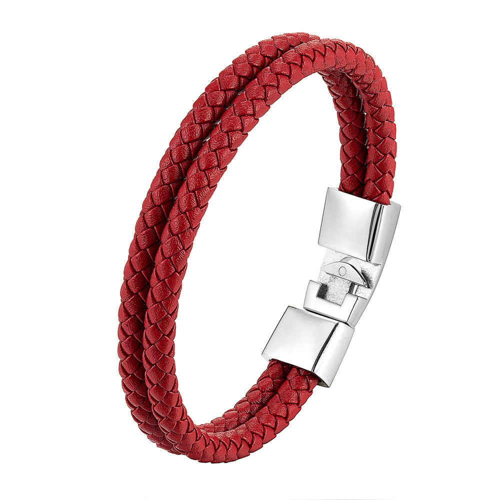 Double Ring Simple Style Wristband In Red Featuring PU Leather And Leather Rope, Unisex Bracelet