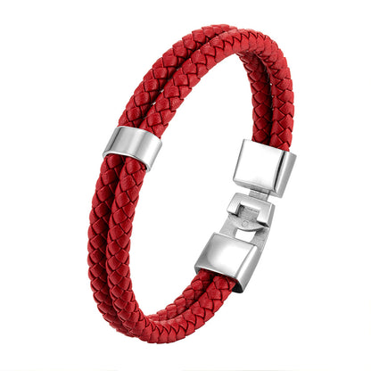 Double Ring Simple Style Wristband In Red Featuring PU Leather And Leather Rope, Unisex Bracelet