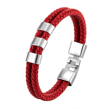Double Ring Simple Style Wristband In Red Featuring PU Leather And Leather Rope, Unisex Bracelet