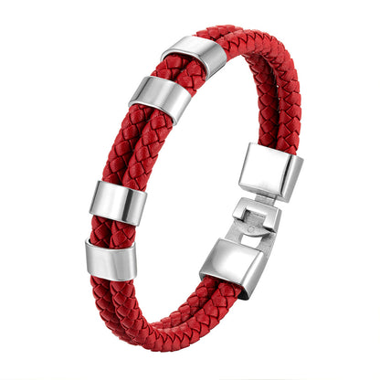 Double Ring Simple Style Wristband In Red Featuring PU Leather And Leather Rope, Unisex Bracelet
