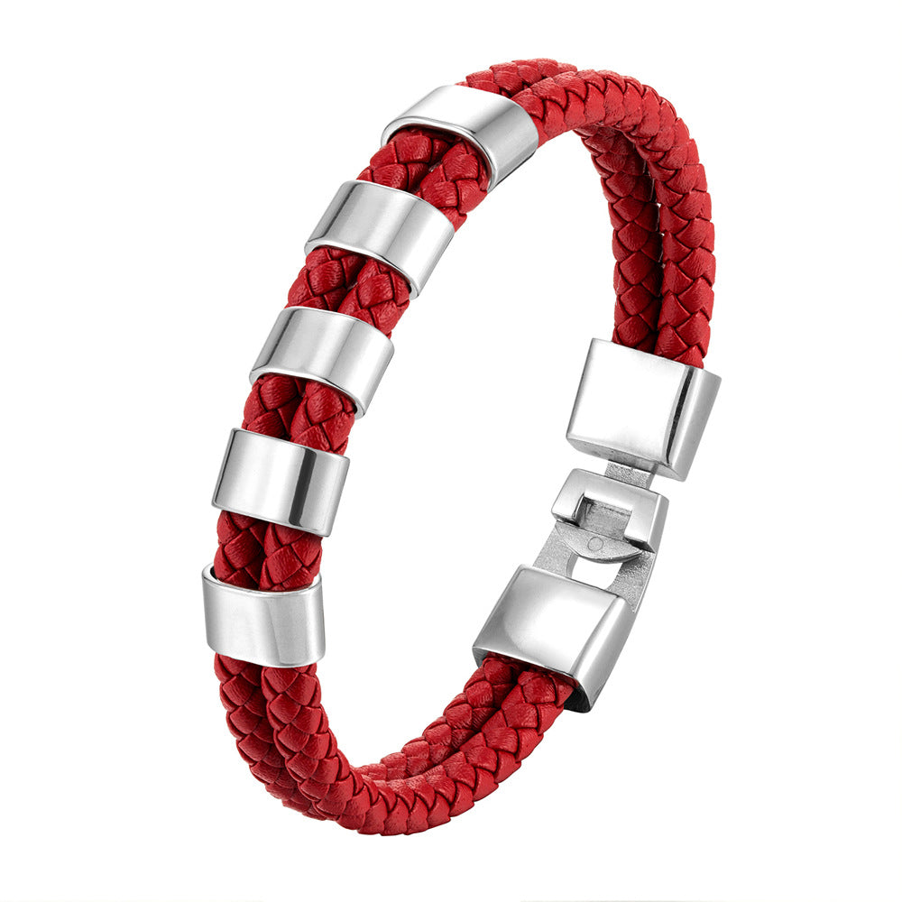 Double Ring Simple Style Wristband In Red Featuring PU Leather And Leather Rope, Unisex Bracelet