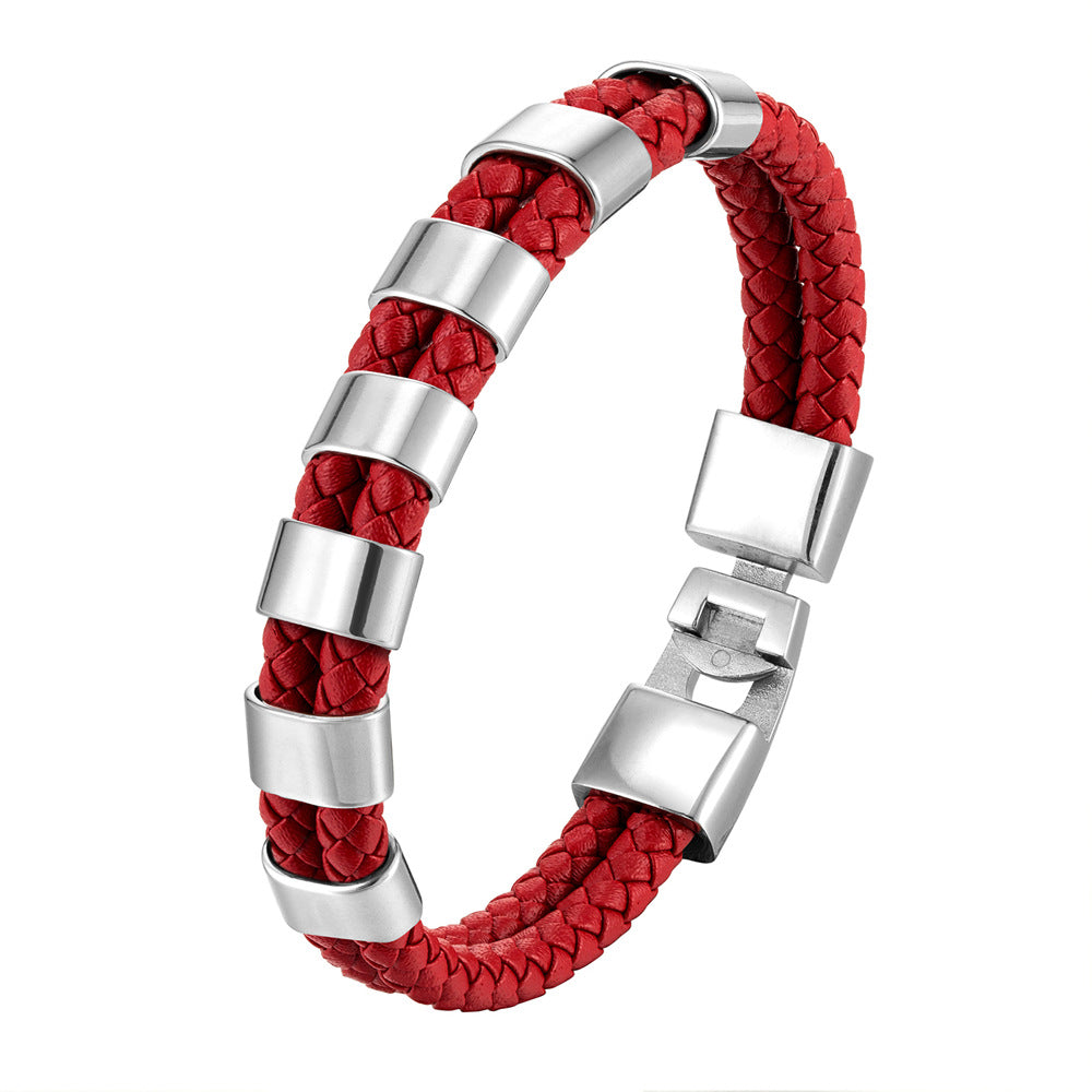 Double Ring Simple Style Wristband In Red Featuring PU Leather And Leather Rope, Unisex Bracelet