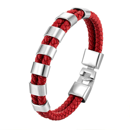 Double Ring Simple Style Wristband In Red Featuring PU Leather And Leather Rope, Unisex Bracelet
