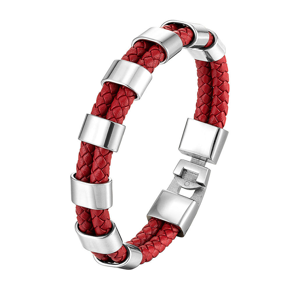 Double Ring Simple Style Wristband In Red Featuring PU Leather And Leather Rope, Unisex Bracelet
