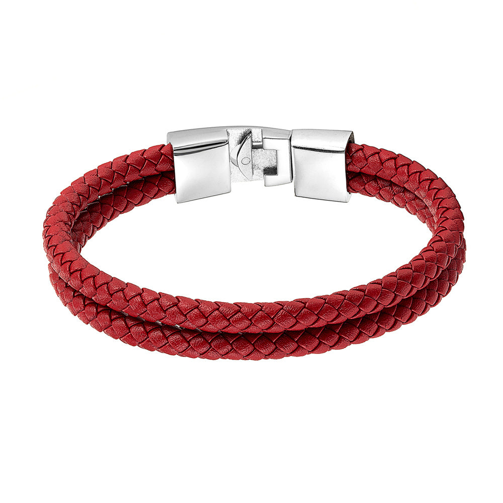 Double Ring Simple Style Wristband In Red Featuring PU Leather And Leather Rope, Unisex Bracelet