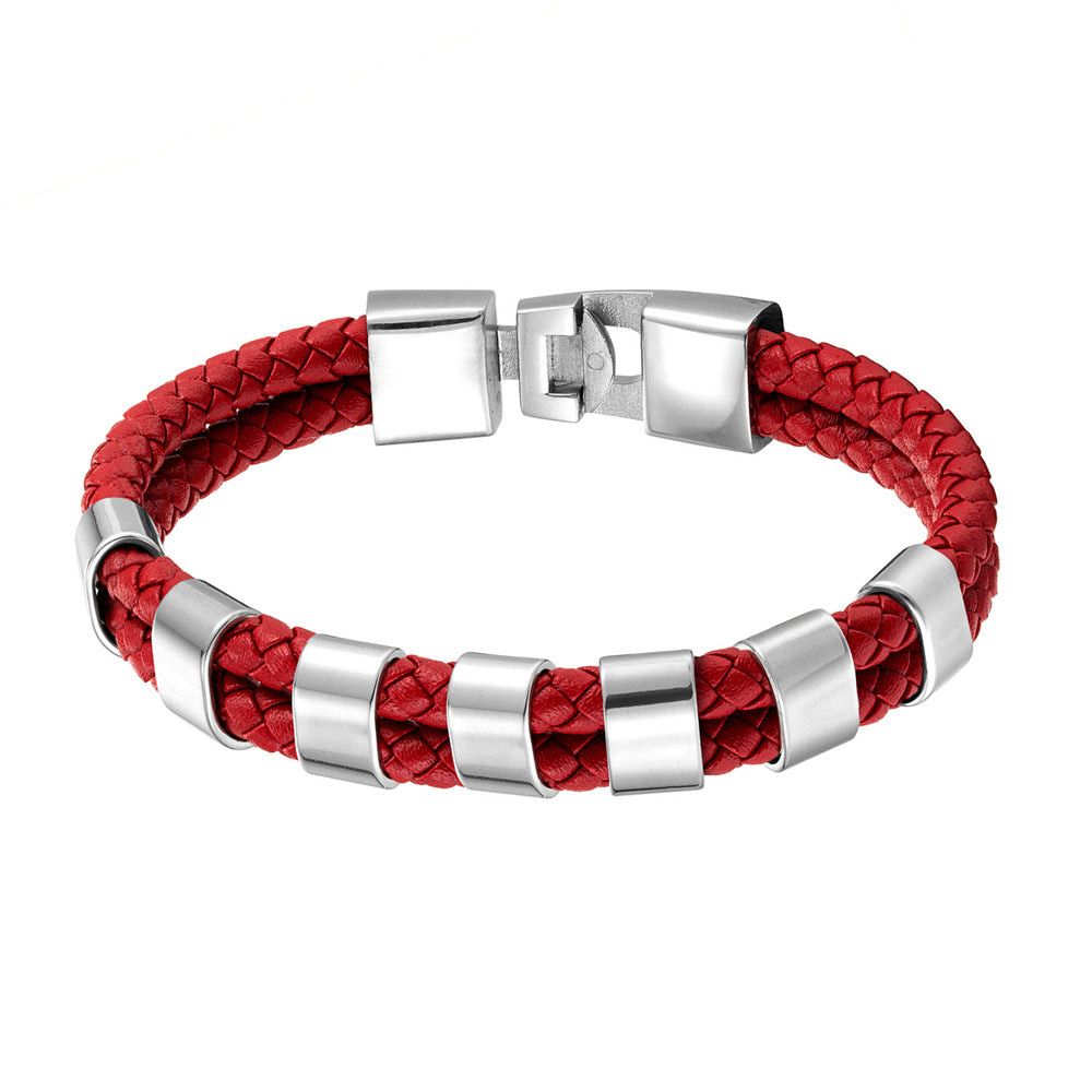 Double Ring Simple Style Wristband In Red Featuring PU Leather And Leather Rope, Unisex Bracelet