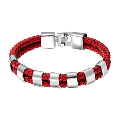Double Ring Simple Style Wristband In Red Featuring PU Leather And Leather Rope, Unisex Bracelet