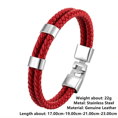 Double Ring Simple Style Wristband In Red Featuring PU Leather And Leather Rope, Unisex Bracelet