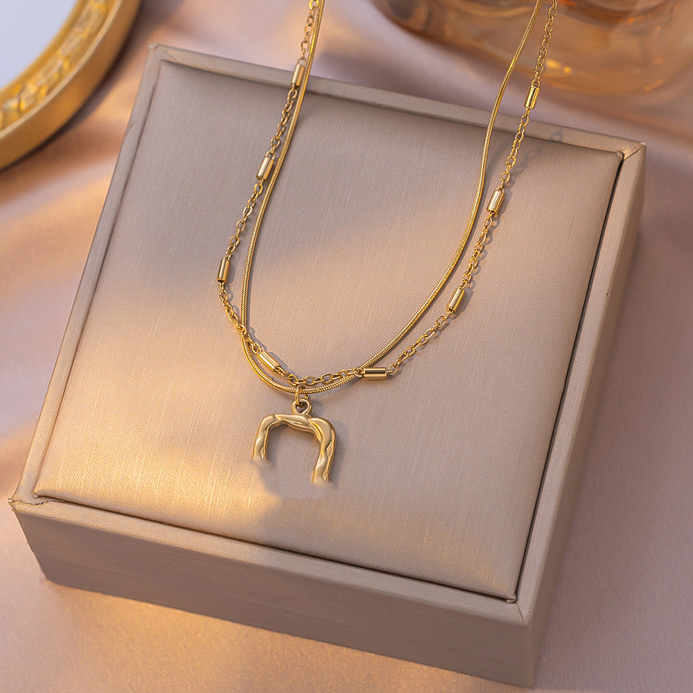 Luxurious Elaborate Square Double Layer Necklace For Women In Real Gold Plated Titanium Steel