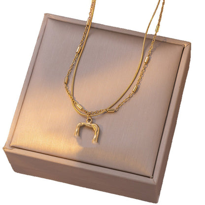 Luxurious Elaborate Square Double Layer Necklace For Women In Real Gold Plated Titanium Steel
