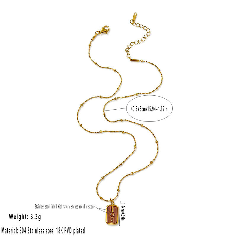 Waterproof Rectangle Pendant Necklace For Women In 18K Gold Plated 304 Stainless Steel With Natural Stone Inlay And Beaded Chain