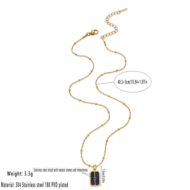 Waterproof Rectangle Pendant Necklace For Women In 18K Gold Plated 304 Stainless Steel With Natural Stone Inlay And Beaded Chain