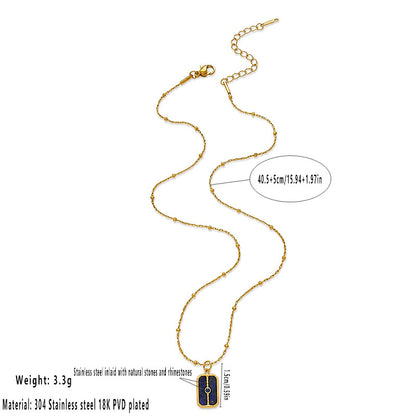 Waterproof Rectangle Pendant Necklace For Women In 18K Gold Plated 304 Stainless Steel With Natural Stone Inlay And Beaded Chain