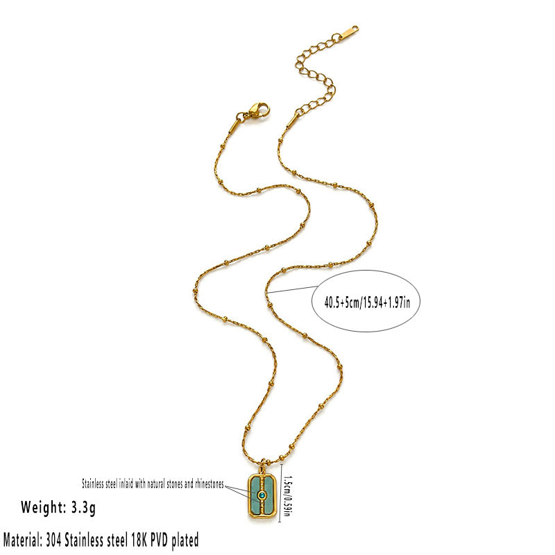 Waterproof Rectangle Pendant Necklace For Women In 18K Gold Plated 304 Stainless Steel With Natural Stone Inlay And Beaded Chain
