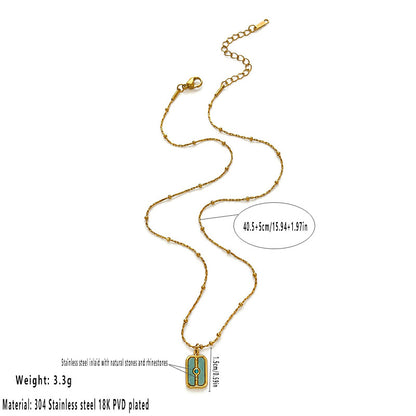 Waterproof Rectangle Pendant Necklace For Women In 18K Gold Plated 304 Stainless Steel With Natural Stone Inlay And Beaded Chain