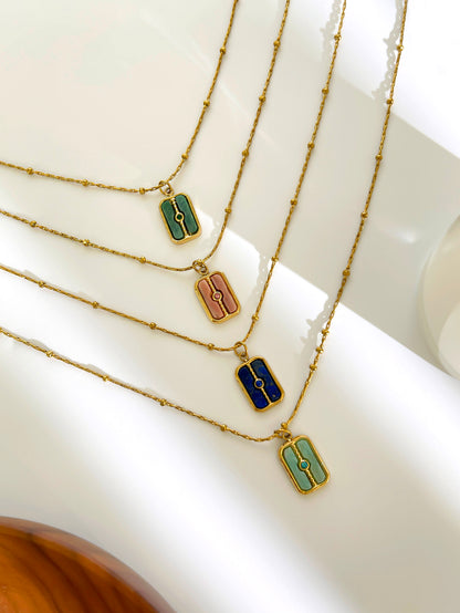 Waterproof Rectangle Pendant Necklace For Women In 18K Gold Plated 304 Stainless Steel With Natural Stone Inlay And Beaded Chain
