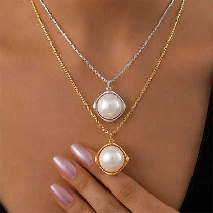 Irregular Waterproof Women's Necklace In 304 Stainless Steel With 18K Gold Plated PVD Coating And Artificial Pearl Slider Chain