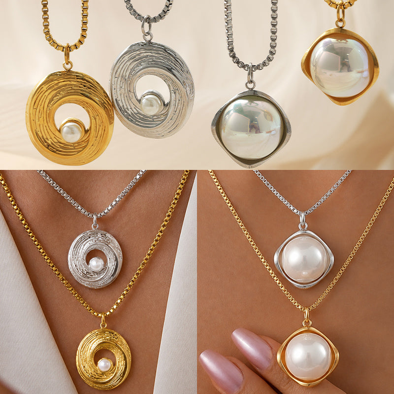 Irregular Waterproof Women's Necklace In 304 Stainless Steel With 18K Gold Plated PVD Coating And Artificial Pearl Slider Chain