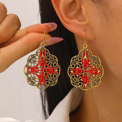 Bohemian Gold Sector Carving Earrings For Women With 304 Stainless Steel Ear Pins, Zinc Alloy Material
