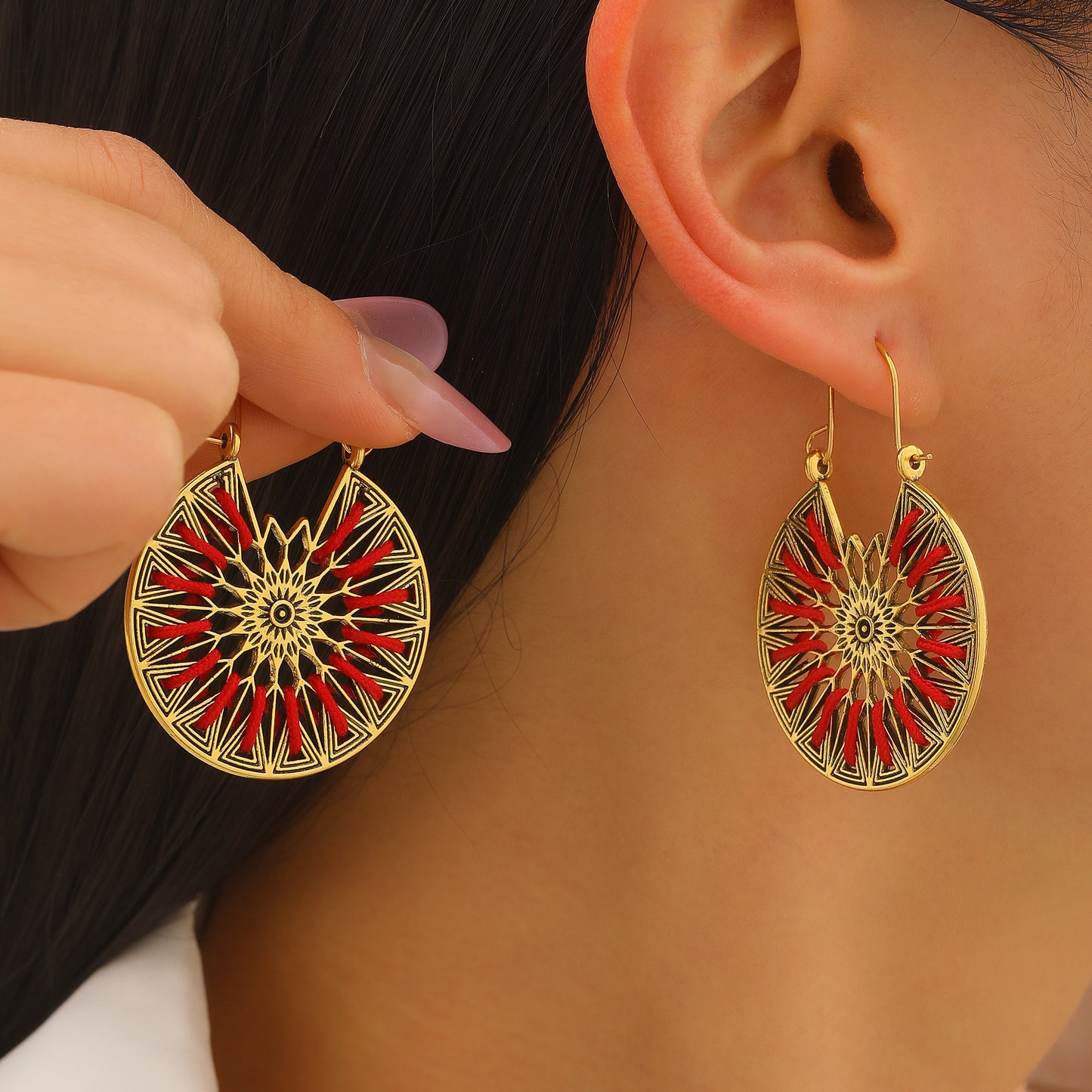 Bohemian Gold Sector Carving Earrings For Women With 304 Stainless Steel Ear Pins, Zinc Alloy Material