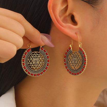 Bohemian Gold Sector Carving Earrings For Women With 304 Stainless Steel Ear Pins, Zinc Alloy Material