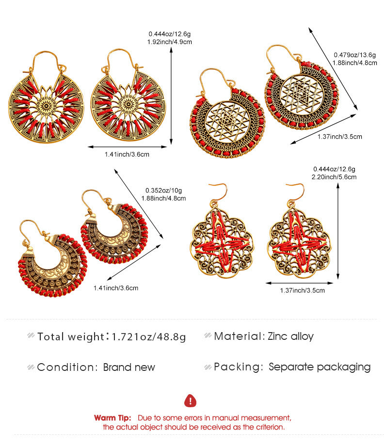 Bohemian Gold Sector Carving Earrings For Women With 304 Stainless Steel Ear Pins, Zinc Alloy Material
