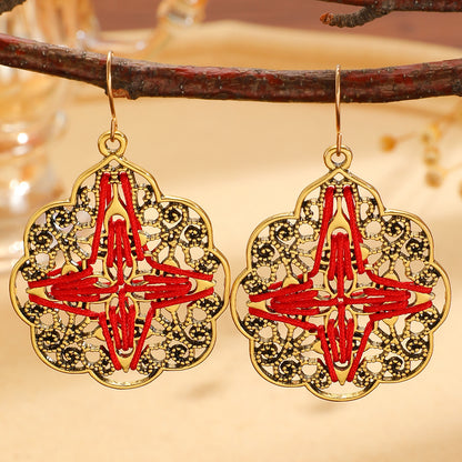 Bohemian Gold Sector Carving Earrings For Women With 304 Stainless Steel Ear Pins, Zinc Alloy Material