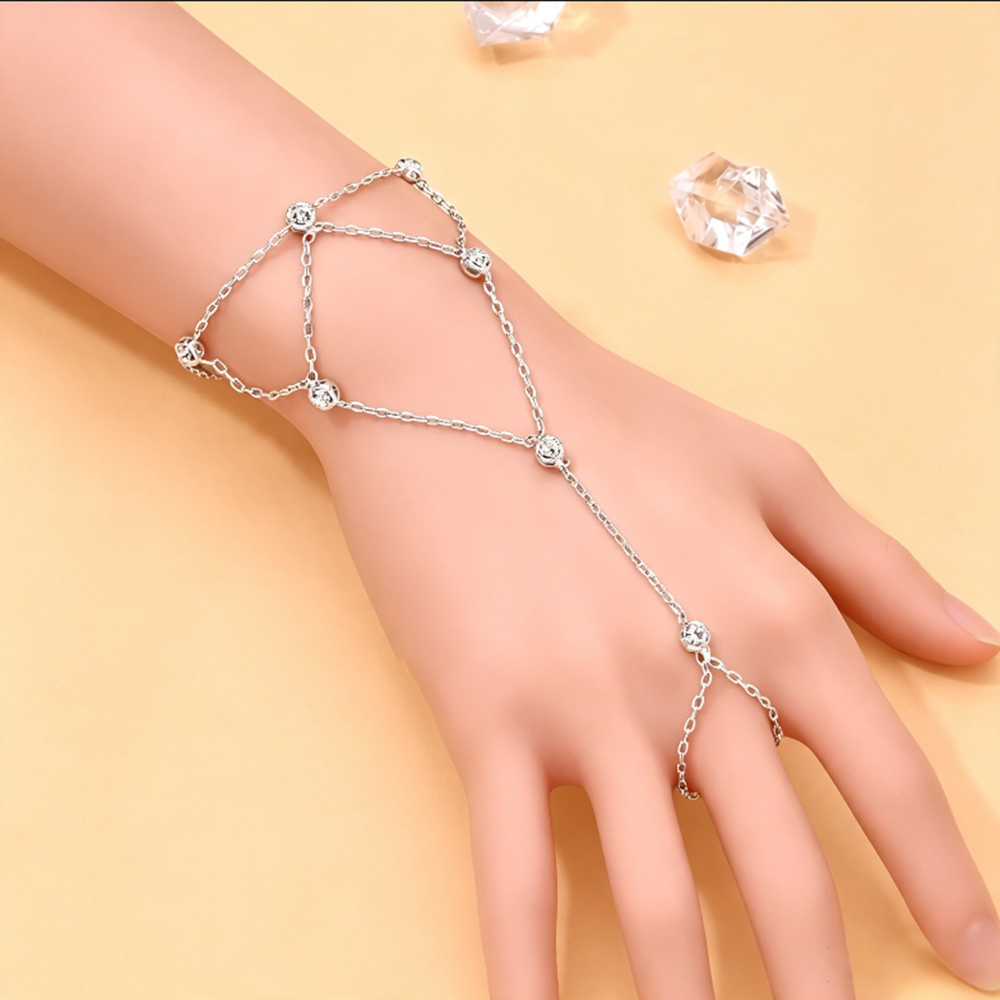 Trillion-cut Bohemian Hand Chain Bracelet For Women With Claw Setting In Silver Plated Zinc Alloy And Rhinestones