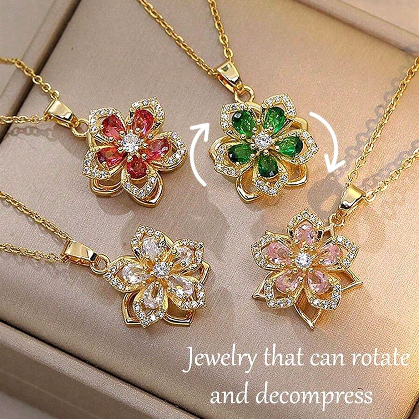 Rotatable Flowers Necklace For Women In White Featuring Copper Pendant With Zircon Inlay
