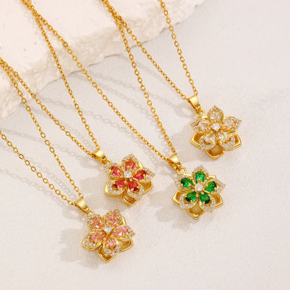 Rotatable Flowers Necklace For Women In White Featuring Copper Pendant With Zircon Inlay