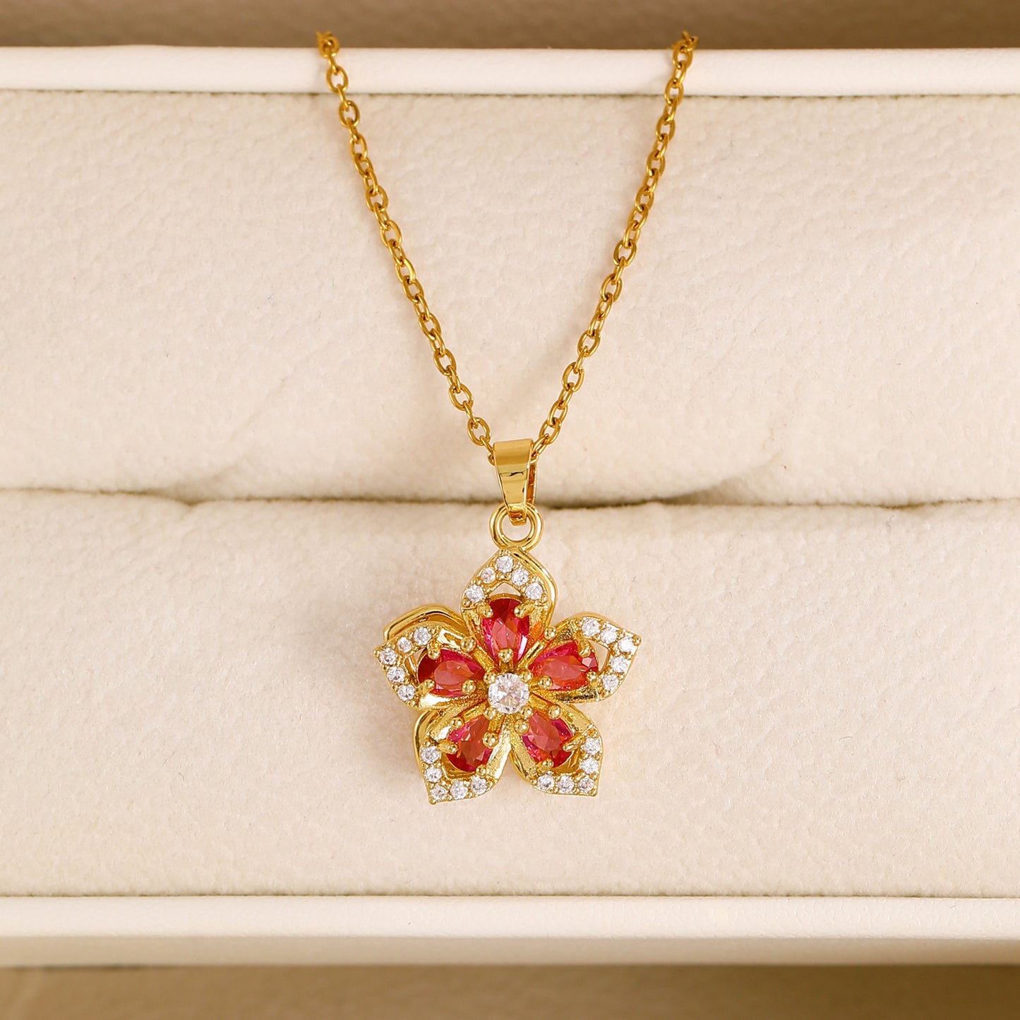 Rotatable Flowers Necklace For Women In White Featuring Copper Pendant With Zircon Inlay