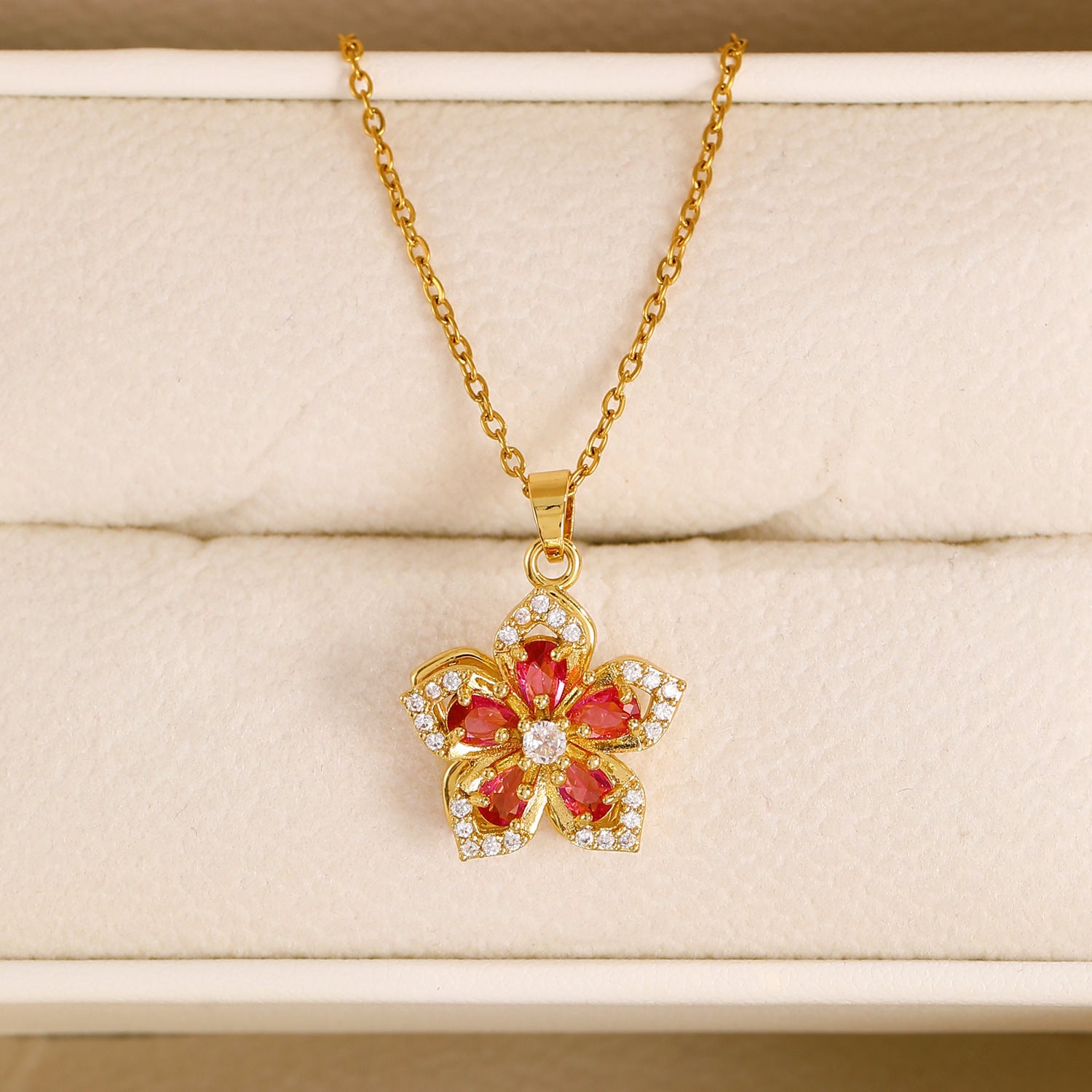 Rotatable Flowers Necklace For Women In White Featuring Copper Pendant With Zircon Inlay