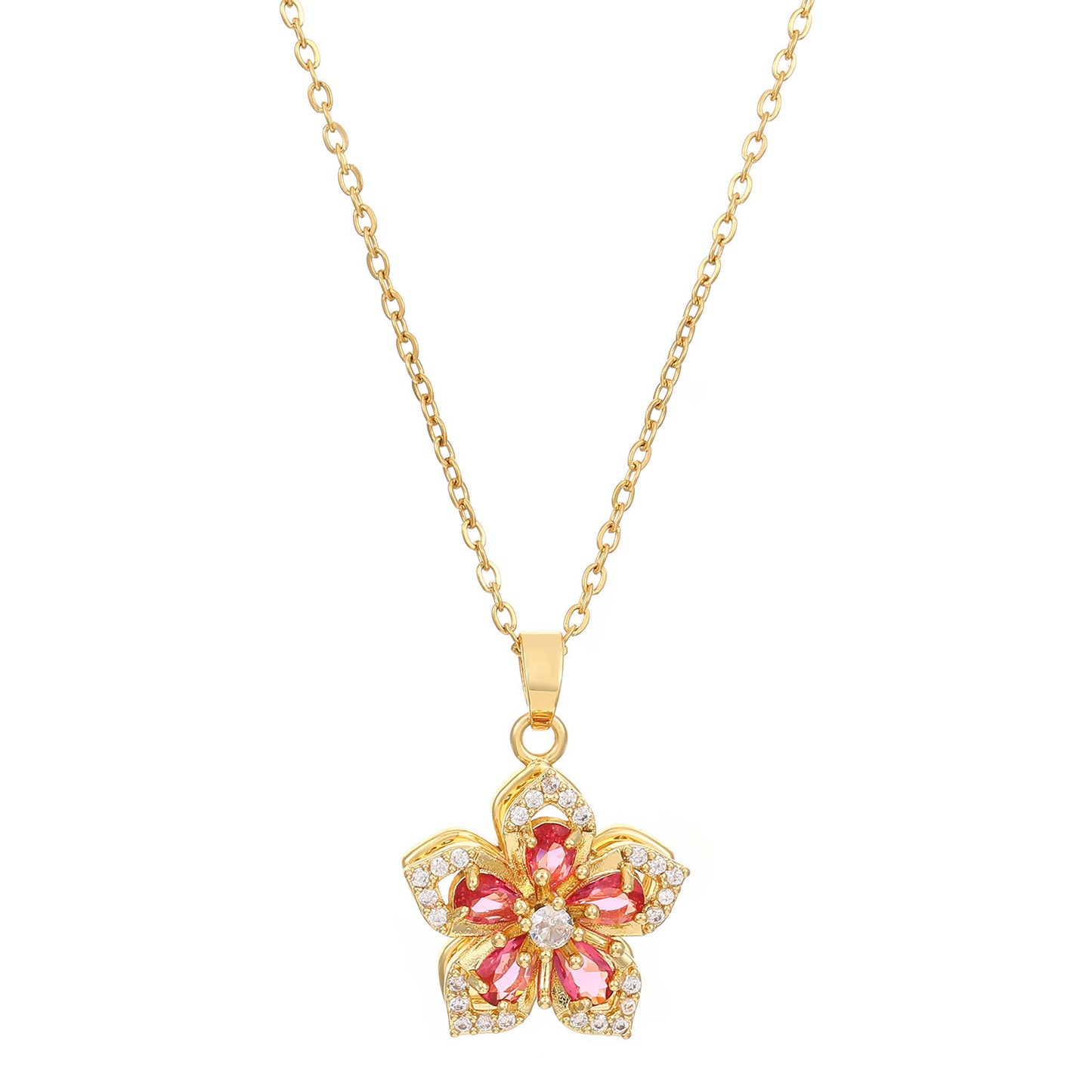 Rotatable Flowers Necklace For Women In White Featuring Copper Pendant With Zircon Inlay