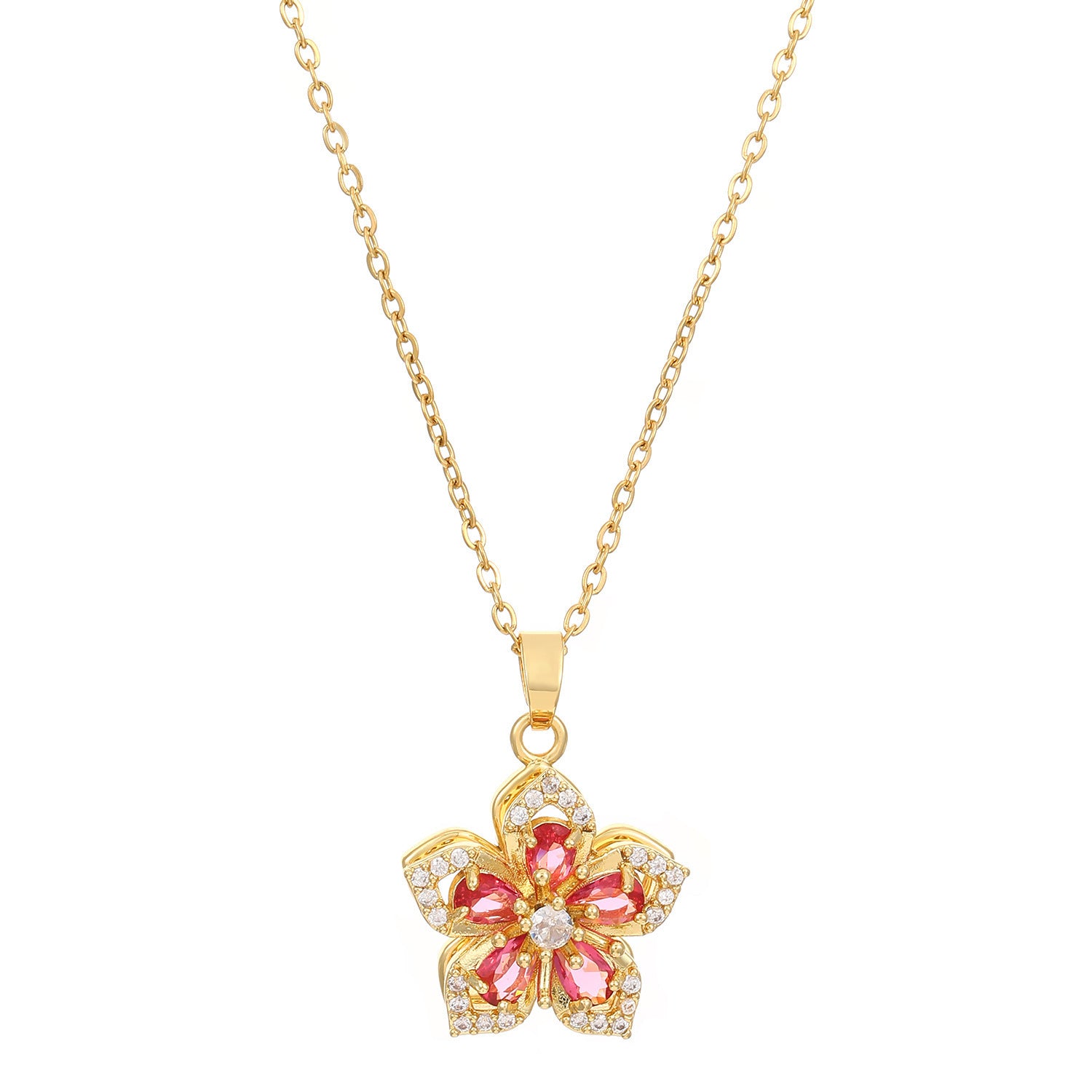 Rotatable Flowers Necklace For Women In White Featuring Copper Pendant With Zircon Inlay