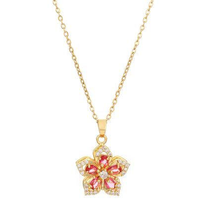 Rotatable Flowers Necklace For Women In White Featuring Copper Pendant With Zircon Inlay