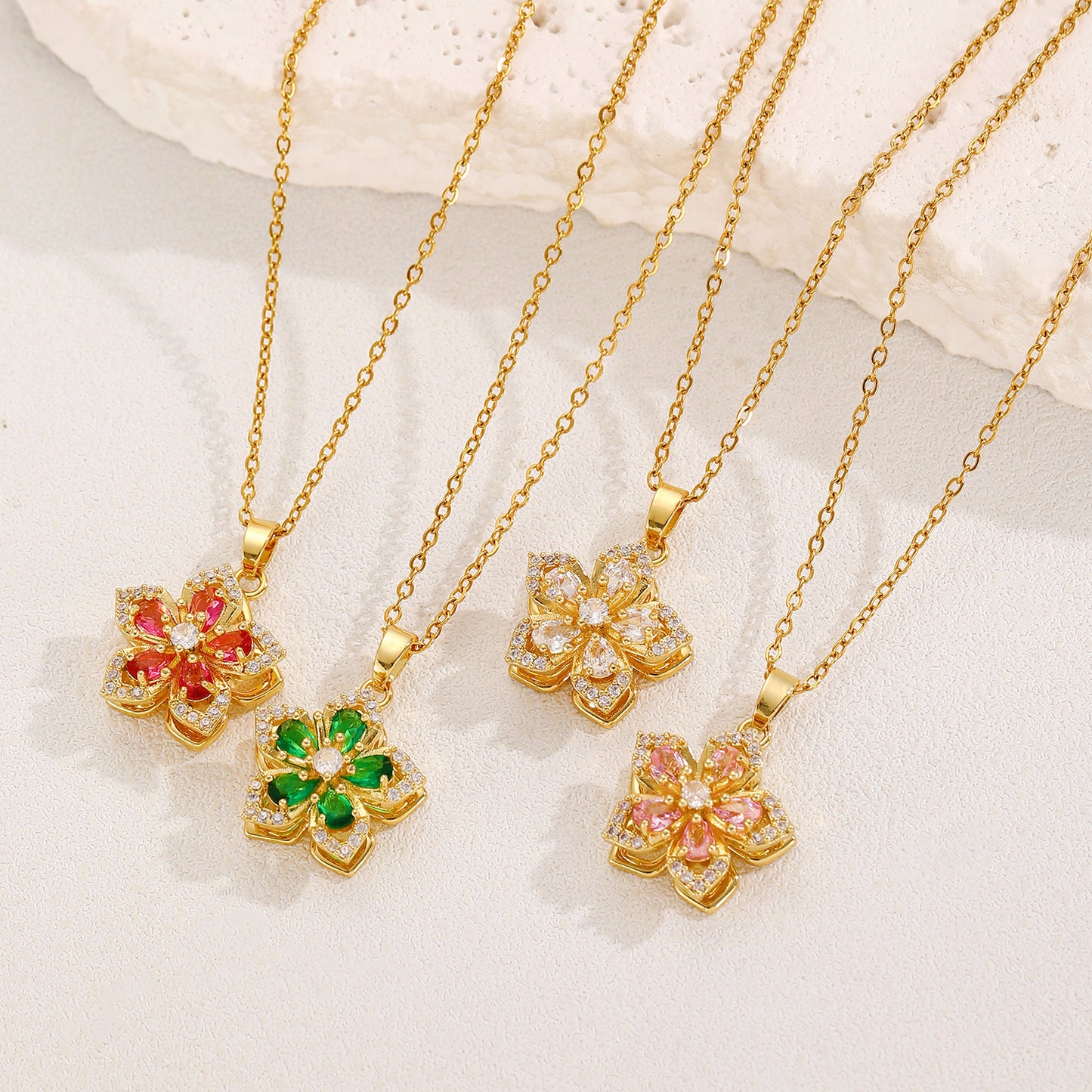Rotatable Flowers Necklace For Women In White Featuring Copper Pendant With Zircon Inlay