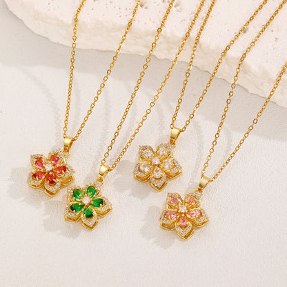 Rotatable Flowers Necklace For Women In White Featuring Copper Pendant With Zircon Inlay