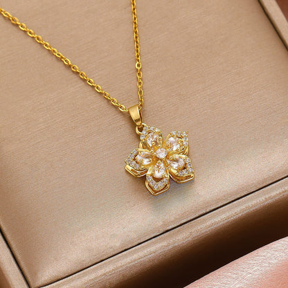 Rotatable Flowers Necklace For Women In White Featuring Copper Pendant With Zircon Inlay