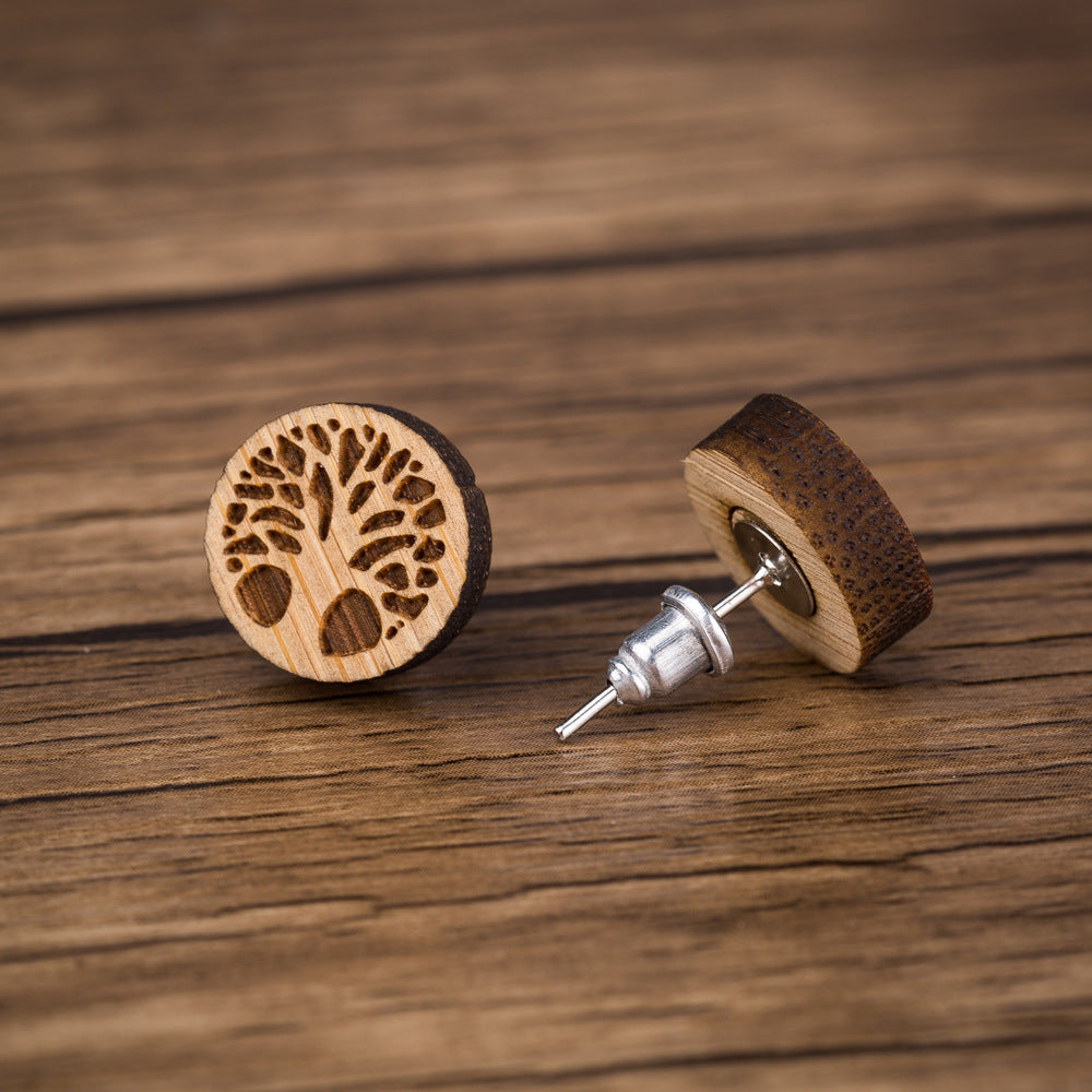 Life Tree Handmade Retro Wood Stud Earrings With 304 Stainless Steel Posts For Women